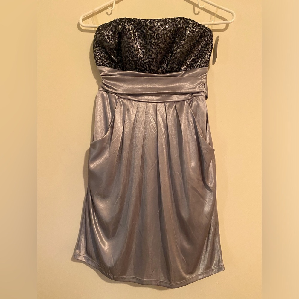 Silver Strapless cocktail dress with pockets